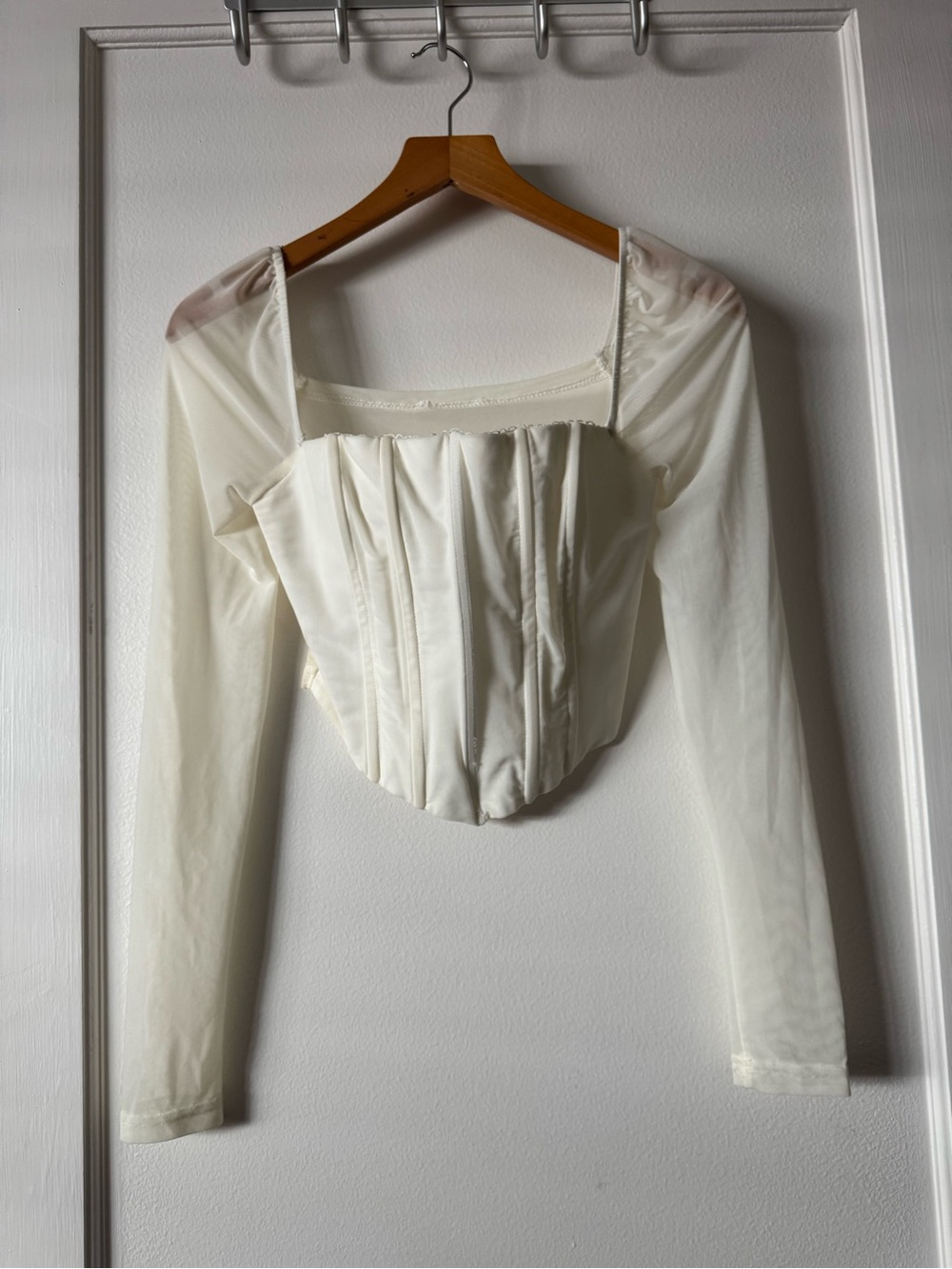 Princess Polly Cream Beverly Long Sleeve Mesh Corset Top Structured Boned Bodice